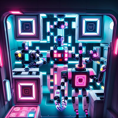 Retrofuturistic Delivery Robots Neon QR Code for Posters