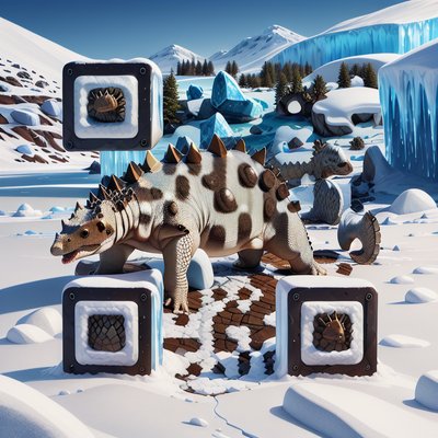 Анкилозавр в ледяном пейзаже: цифровая живопись, QR-код с динозавром