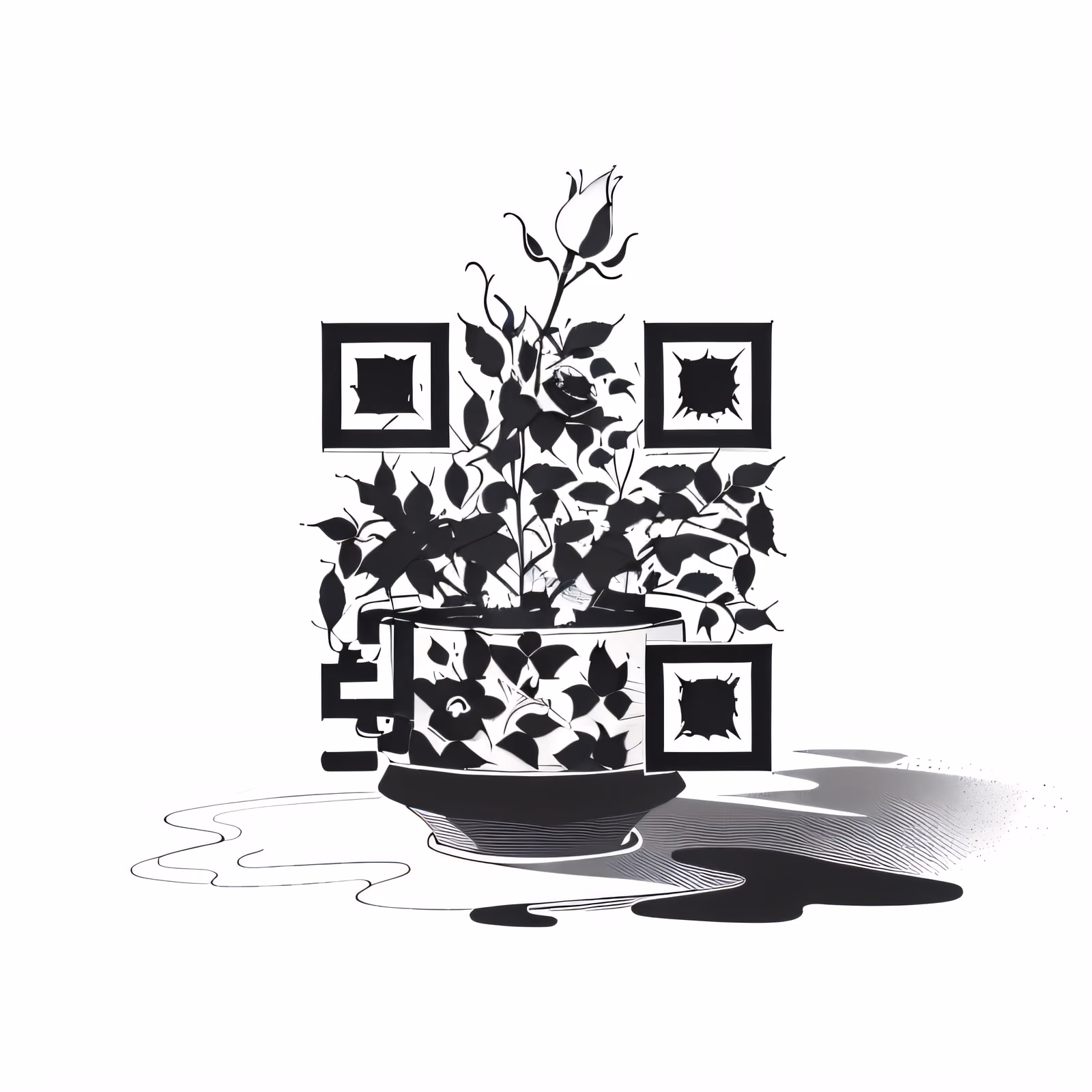 Rosebud in Pot Ink Drawing QR Code for Temporary Tattoos — image 1