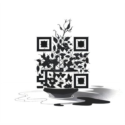 Rosebud in Pot Ink Drawing QR Code for Temporary Tattoos