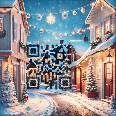 Заснеженная рождественская улица деревни с домами: QR-код для открыток