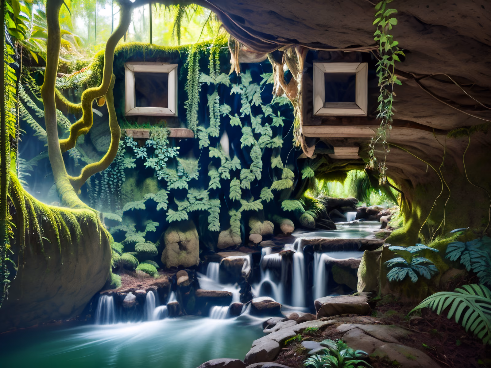 Mossy Jungle Cave Waterfall Photo QR Code Art — image 1