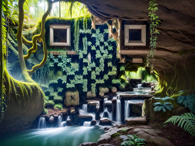 Mossy Jungle Cave Waterfall Photo QR Code Art — image 1