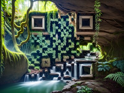 Mossy Jungle Cave Waterfall Photo QR Code Art