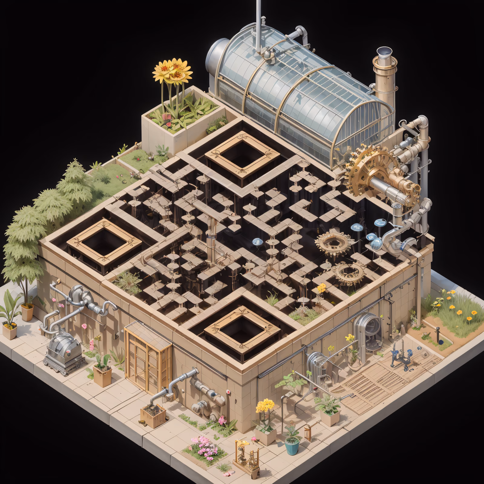 Steampunk Botanical Factory Isometric QR Code Art — image 1
