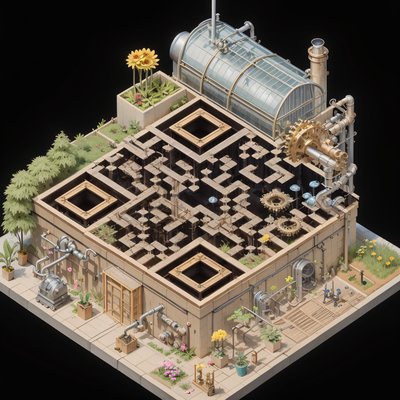 Steampunk Botanical Factory Isometric QR Code Art