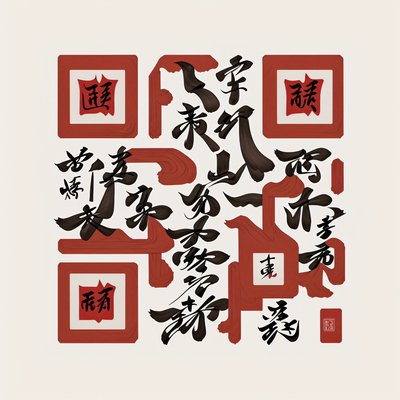 Red and Black Brush Calligraphy QR Code Art