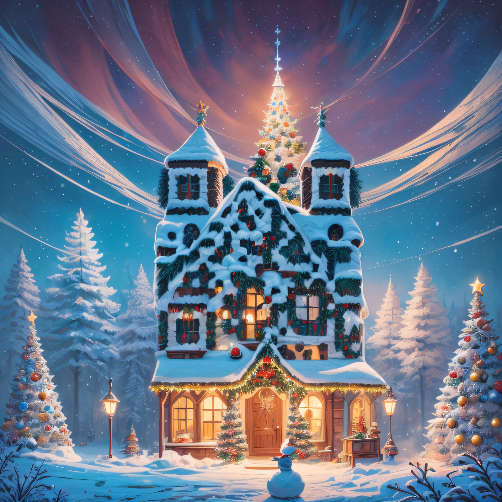 雪中圣诞小屋手绘二维码艺术贺卡 — 图片 1