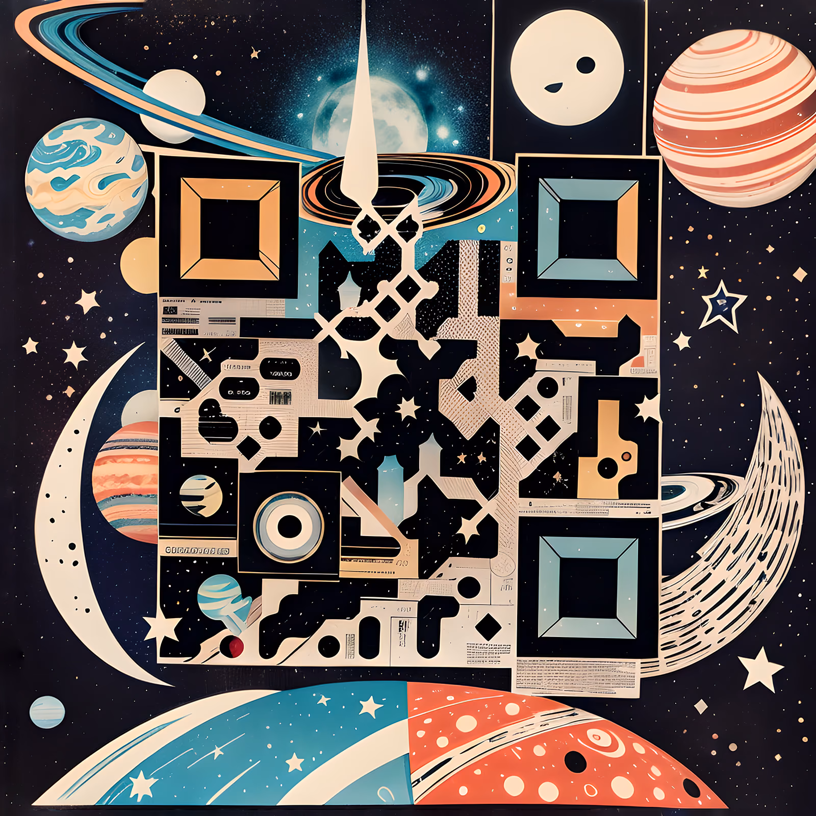 QR-код для постеров: коллаж из вырезанной бумаги с планетами и космосом — изображение 1
