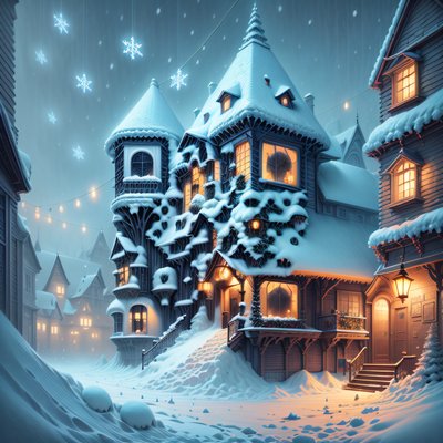 雪中圣诞小屋数字绘画村庄二维码艺术，适用于贺卡