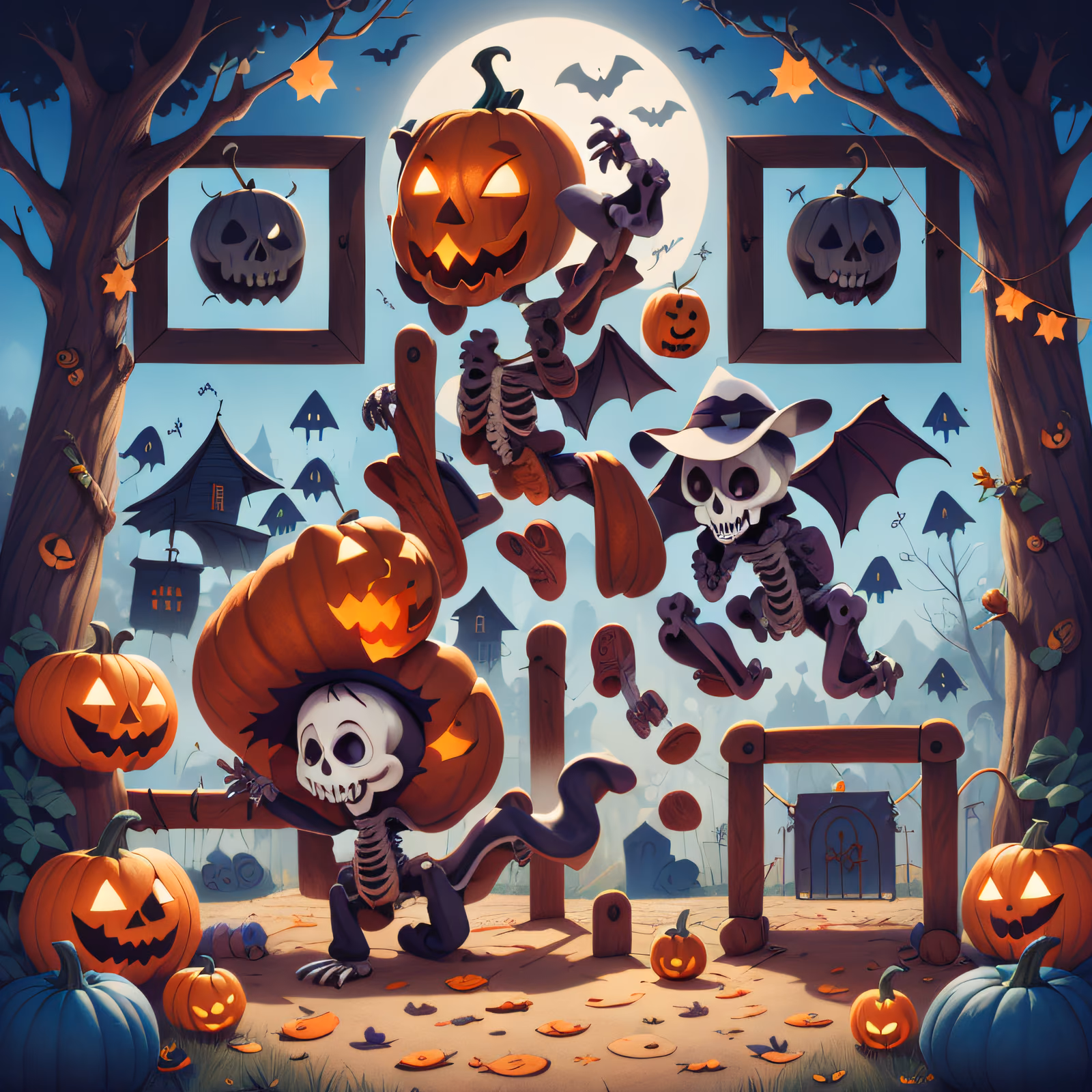Skeletons and Pumpkins Halloween Cartoon QR Code for Posters — image 1