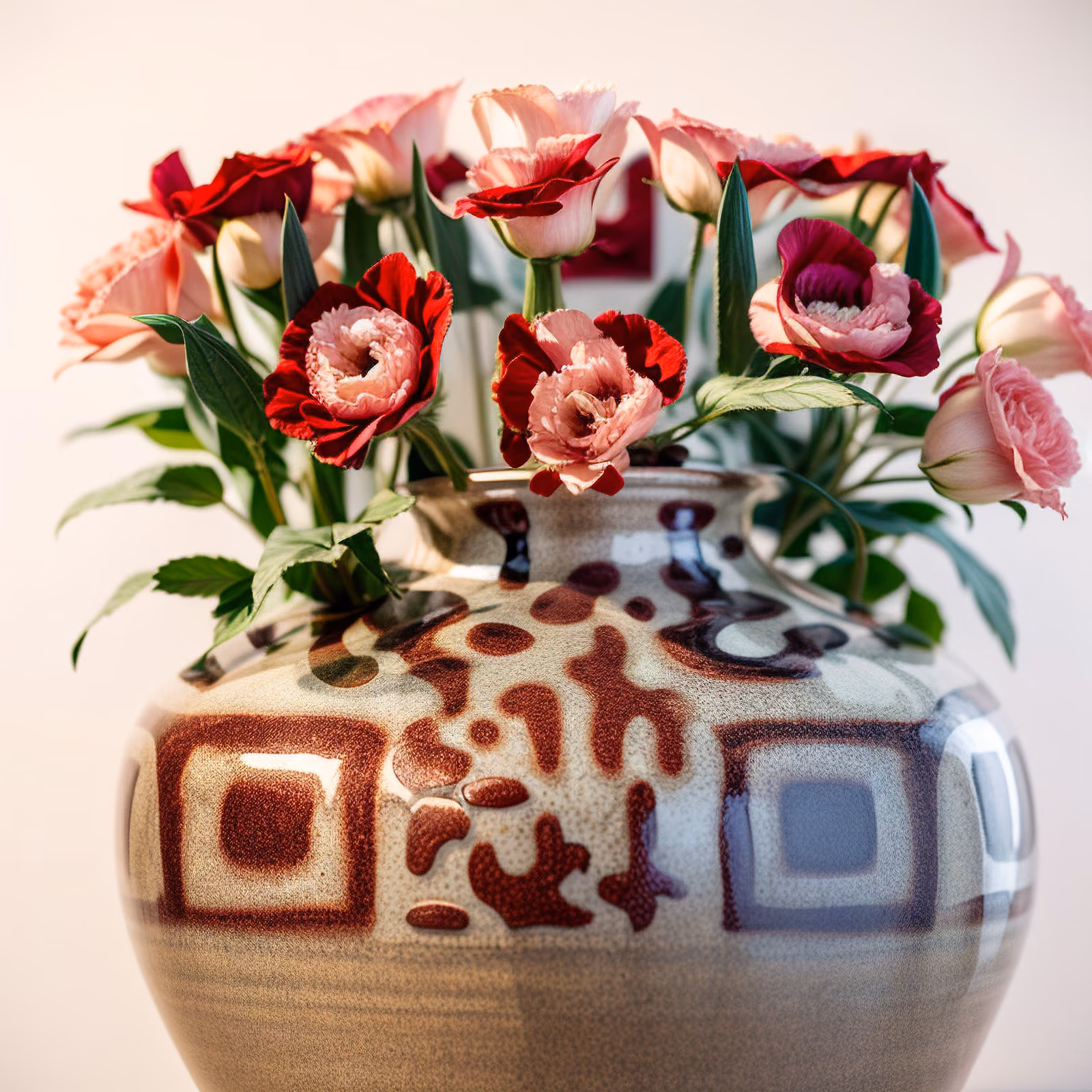 Carnations in Glazed Pottery Vase QR Code Art — image 1