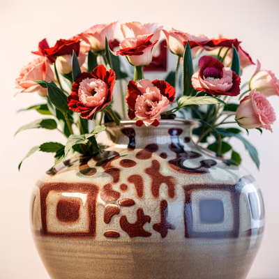 Carnations in Glazed Pottery Vase QR Code Art — image 1