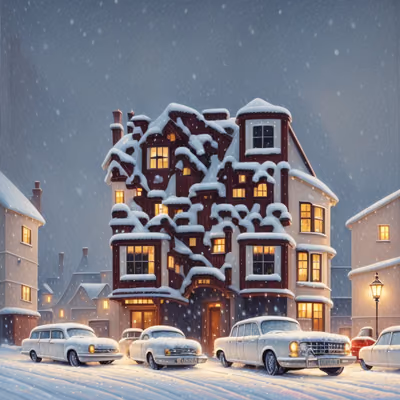 雪夜冬日街道数字绘画二维码艺术,适合贺卡 — 图片 1