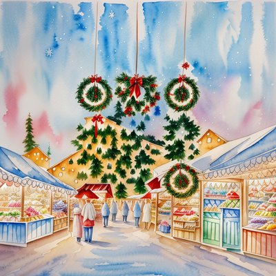 Christmas Market Watercolor QR Code for Greeting Cards