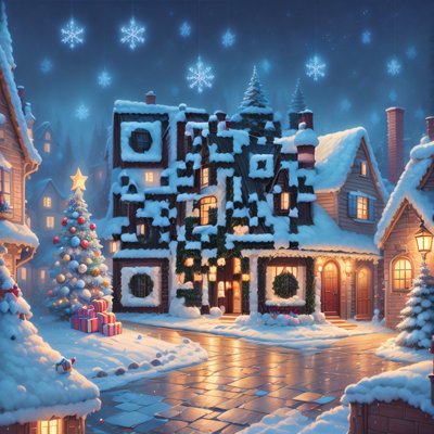 Snowy Christmas Village Digital Painting QR Code for Greeting Cards