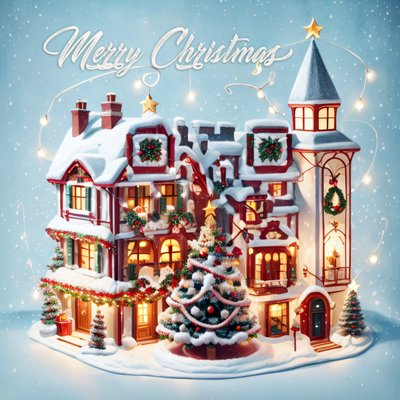 Snowy Christmas Village 3D House QR Code for Greeting Cards