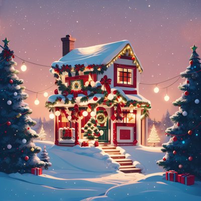 Snowy Christmas Cottage Vector House QR Code for Greeting Cards