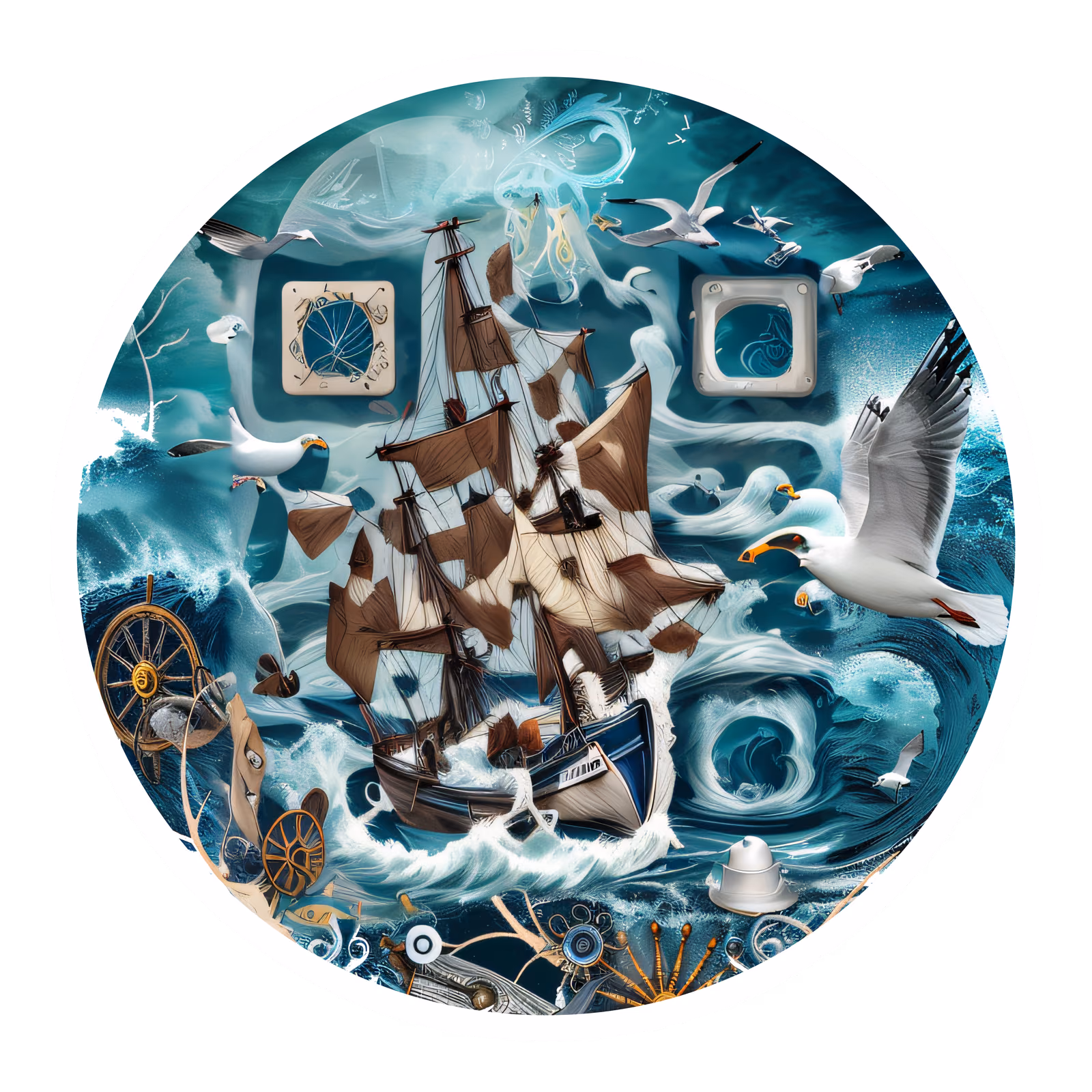 Картина с парусником и чайками, QR-код для стикеров — изображение 1