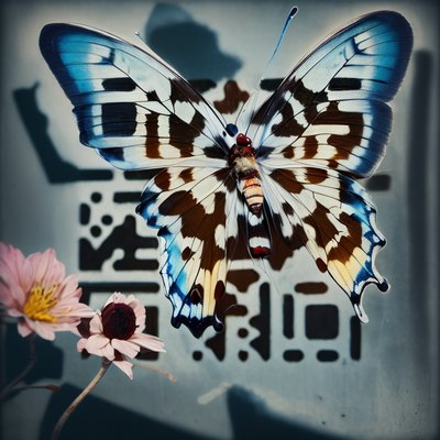Синяя бабочка и цветы, фотореалистичный QR-код