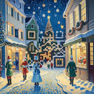 Snowy Christmas Street Oil Painting Christmas Tree QR Code for Greeting Cards — image 1