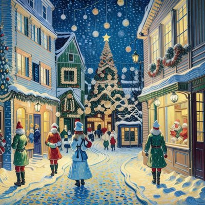 Snowy Christmas Street Oil Painting Christmas Tree QR Code for Greeting Cards