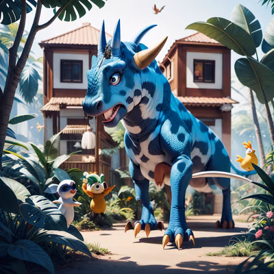 Blue Triceratops Jungle 3D Cartoon QR Code for Stickers — image 1