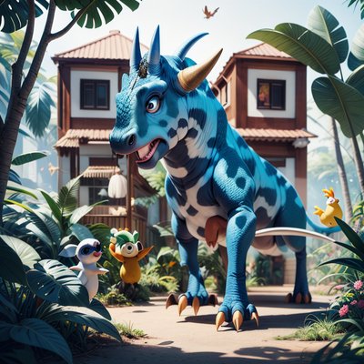Blue Triceratops Jungle 3D Cartoon QR Code for Stickers