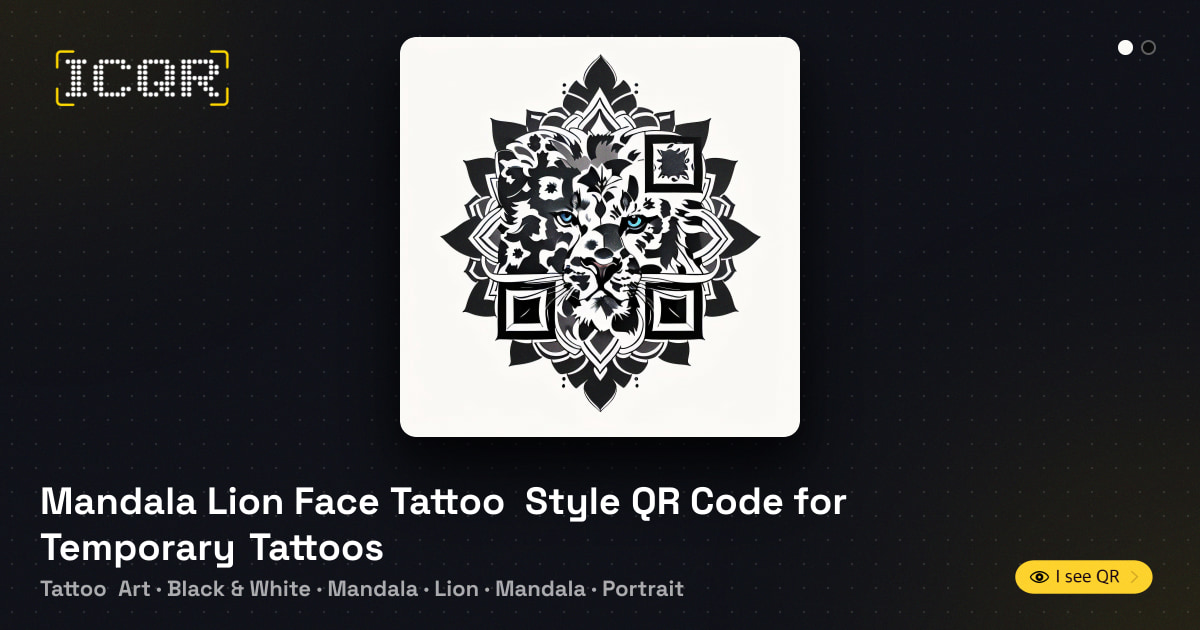 Mandala Lion Face Tattoo Style QR Code for Temporary Tattoos • ICQR