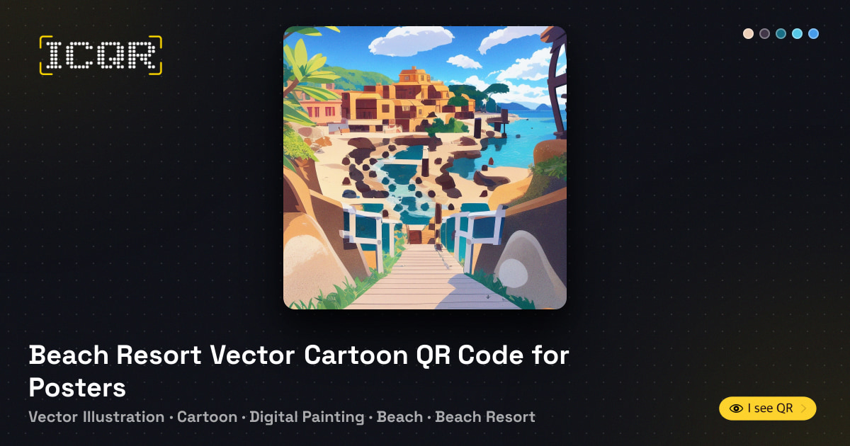 Whare Vector Beach Resort Vector Cartoon QR Code for Posters • ICQR