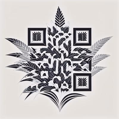 QR-код с ботаническим чёрно-белым узором листьев для временных татуировок — изображение 1