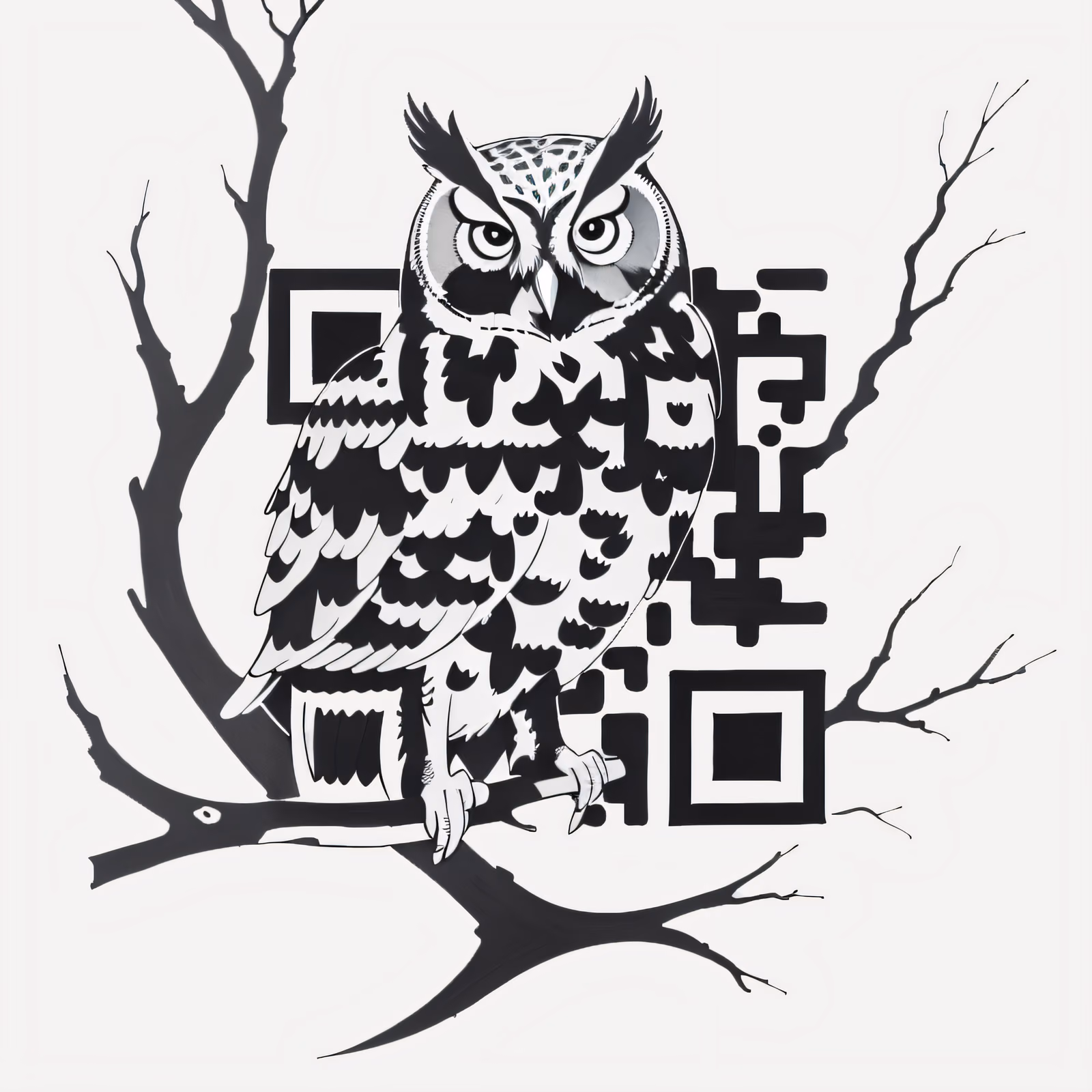 Horned Owl on Branch Tattoo QR Code for Temporary Tattoos — image 1