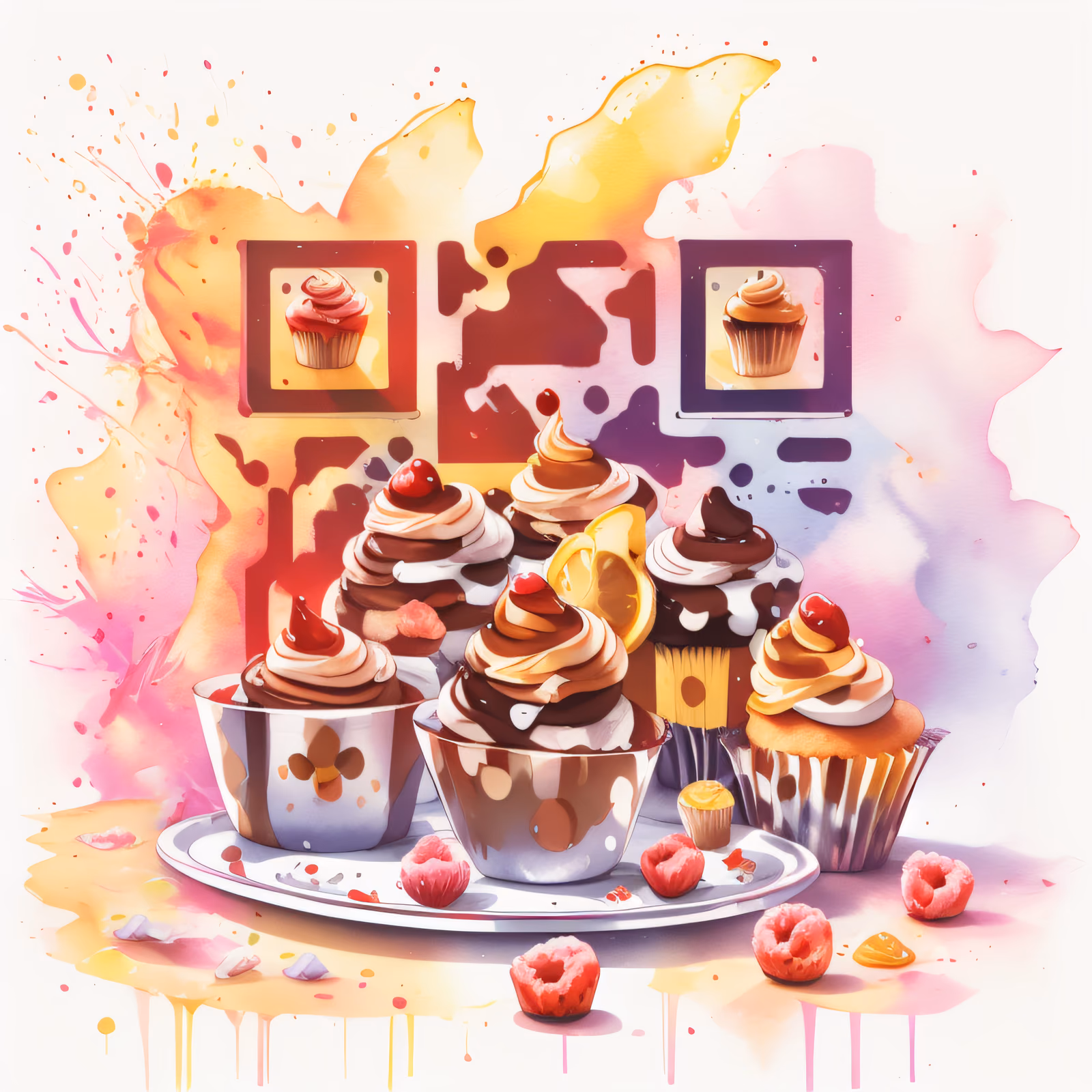 Frosted Cupcakes Watercolor QR Code for Stickers — image 1