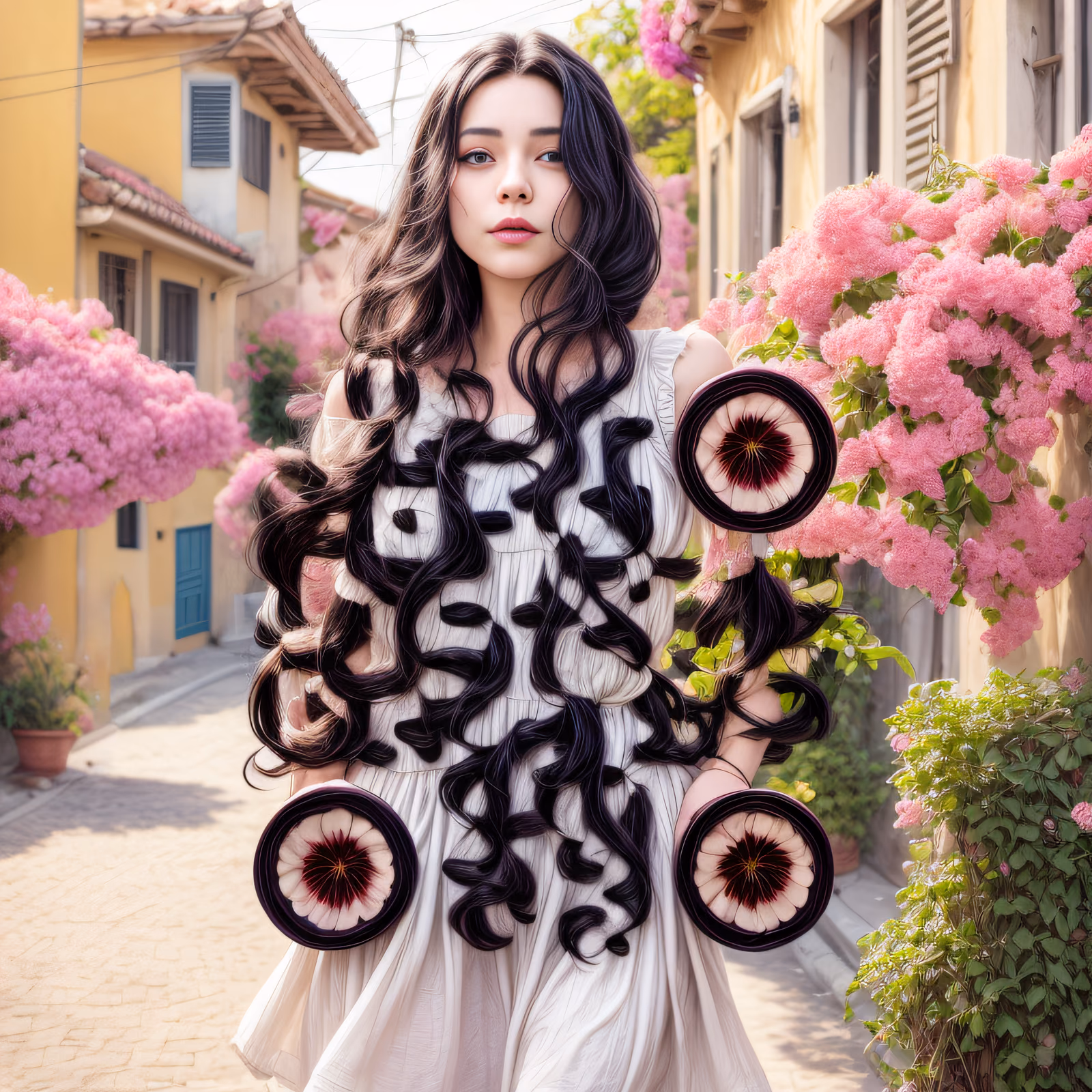 Woman in Bougainvillea Street Photorealistic QR Code Art — image 1