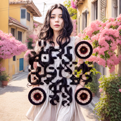 Woman in Bougainvillea Street Photorealistic QR Code Art — image 1