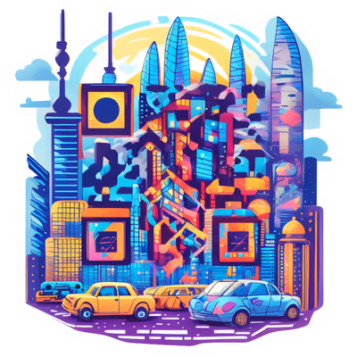 缤纷城市天际线矢量二维码设计,适用于贴纸 — 图片 1