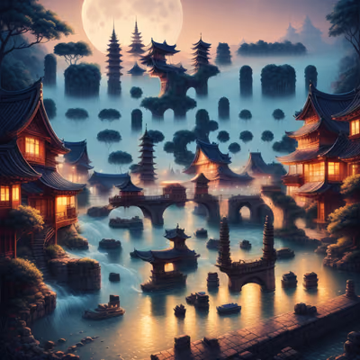 Moonlit Pagoda River Village Fantasy QR Code Art — image 1