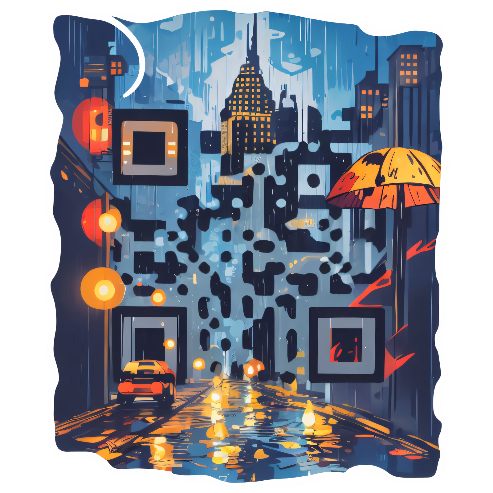 Rainy Night City Vector QR Code for Stickers — image 1