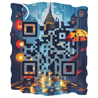 Дождливый ночной город: векторный QR-код для стикеров
