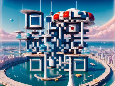 Ретрофутуристический прибрежный город-башня: QR-код для постеров