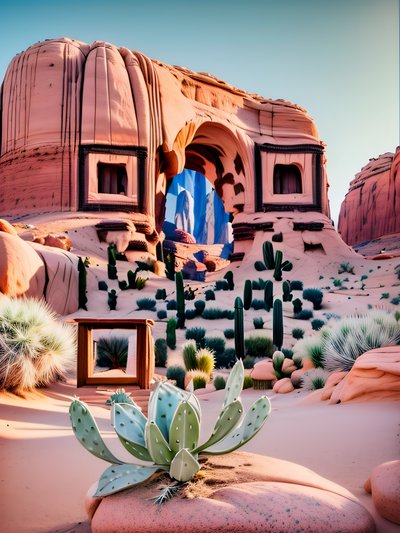 Desert Cactus Rock Arch Landscape QR Code Art