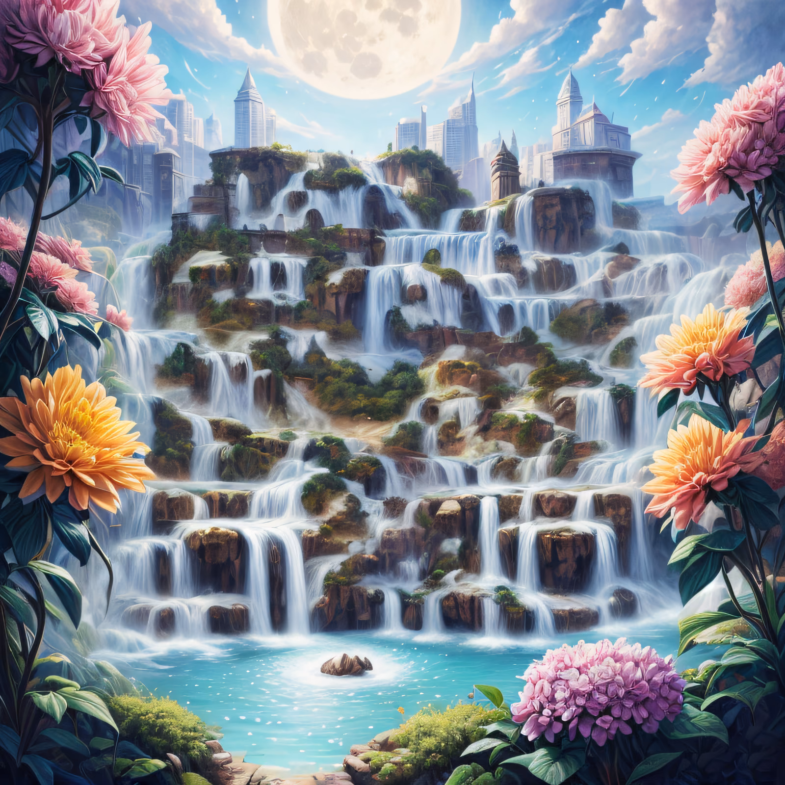 Waterfall City Fantasy Painting QR Code Art — image 1