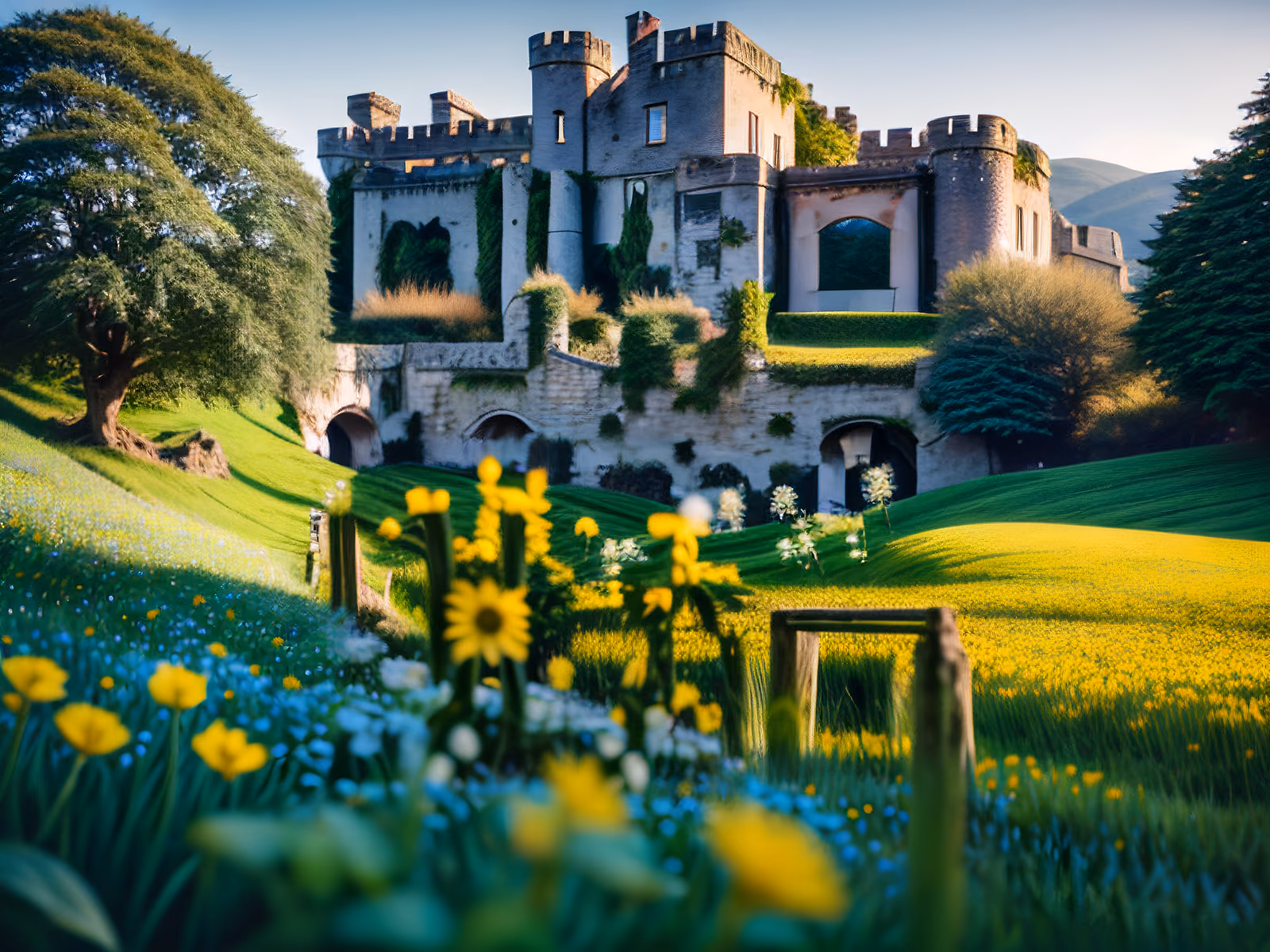 Фотография замка с плющом на лугу, QR-код для постеров — изображение 1