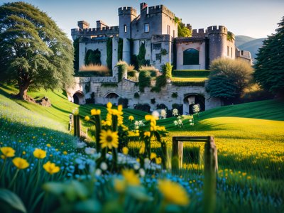 Фотография замка с плющом на лугу, QR-код для постеров