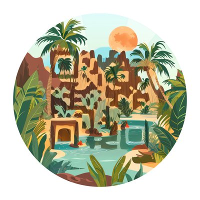 Пальмы в пустынном оазисе, векторный источник и оазис: QR-код для стикеров