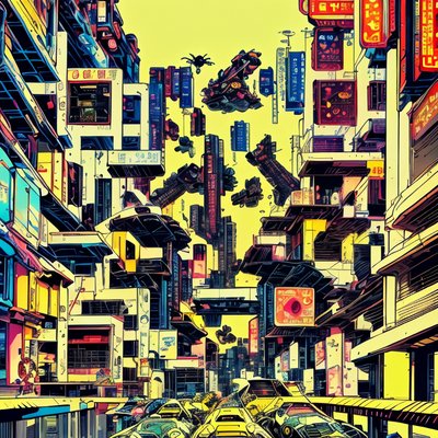 Улица футуристического города в стиле комикса: киберпанк QR-код для постеров