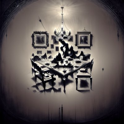Люстра в готической столовой: QR-код в виде рисунка углём
