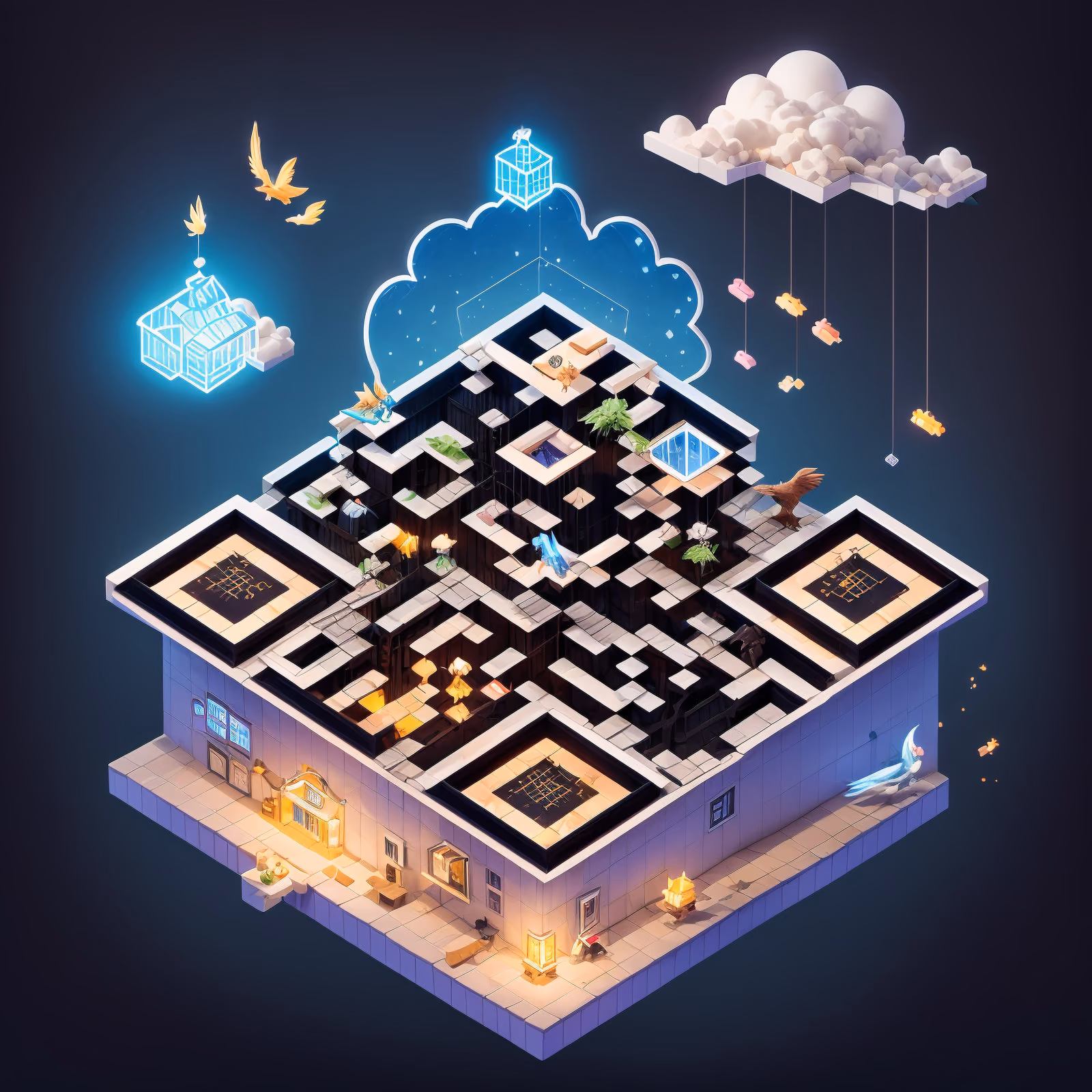 Изометрический диорамный кафе в небе: QR-код для постеров — изображение 1