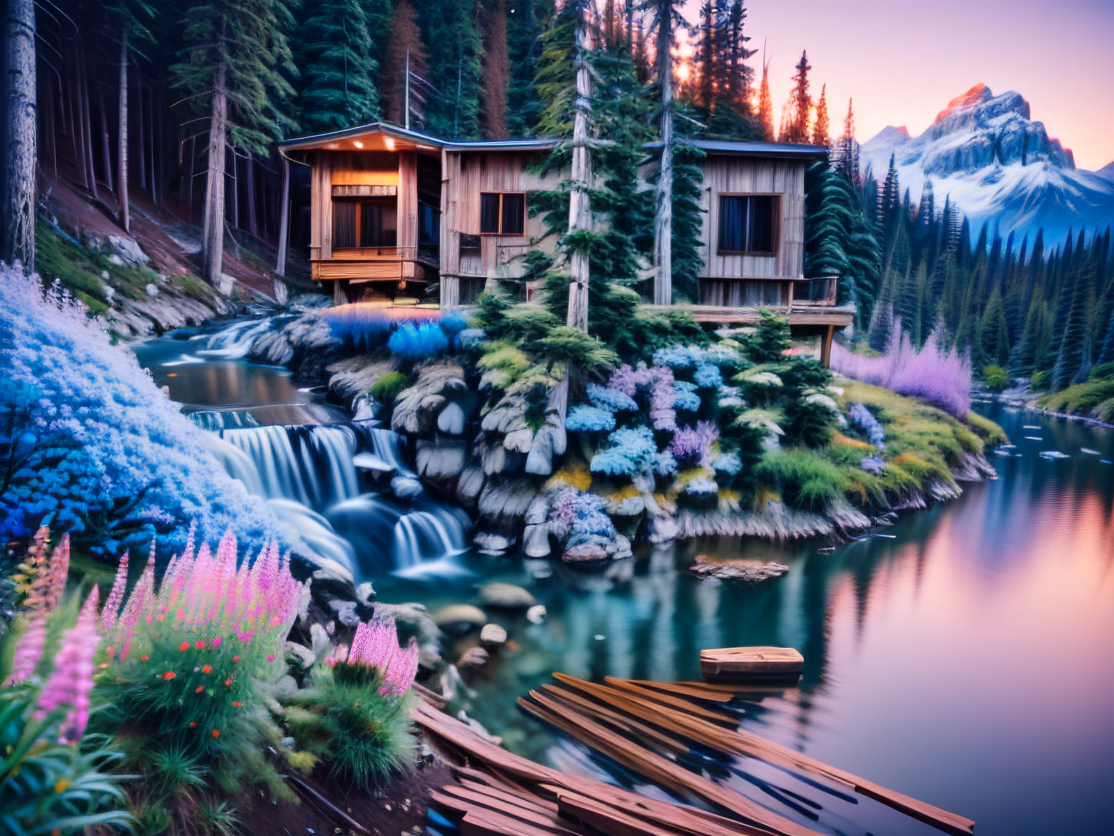 Mountain Cabin Lake Landscape QR Code Art — image 1