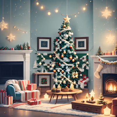 Christmas Living Room Digital Painting Christmas Tree QR Code for Greeting Cards — image 1